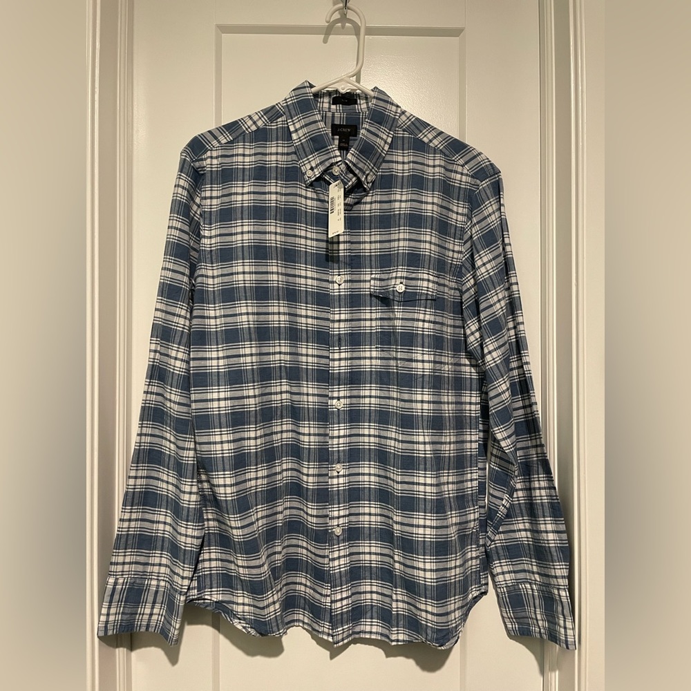 J. Crew Men’s Slim End On End Irish Linen Cotton Shirt Navy Ink Plaid